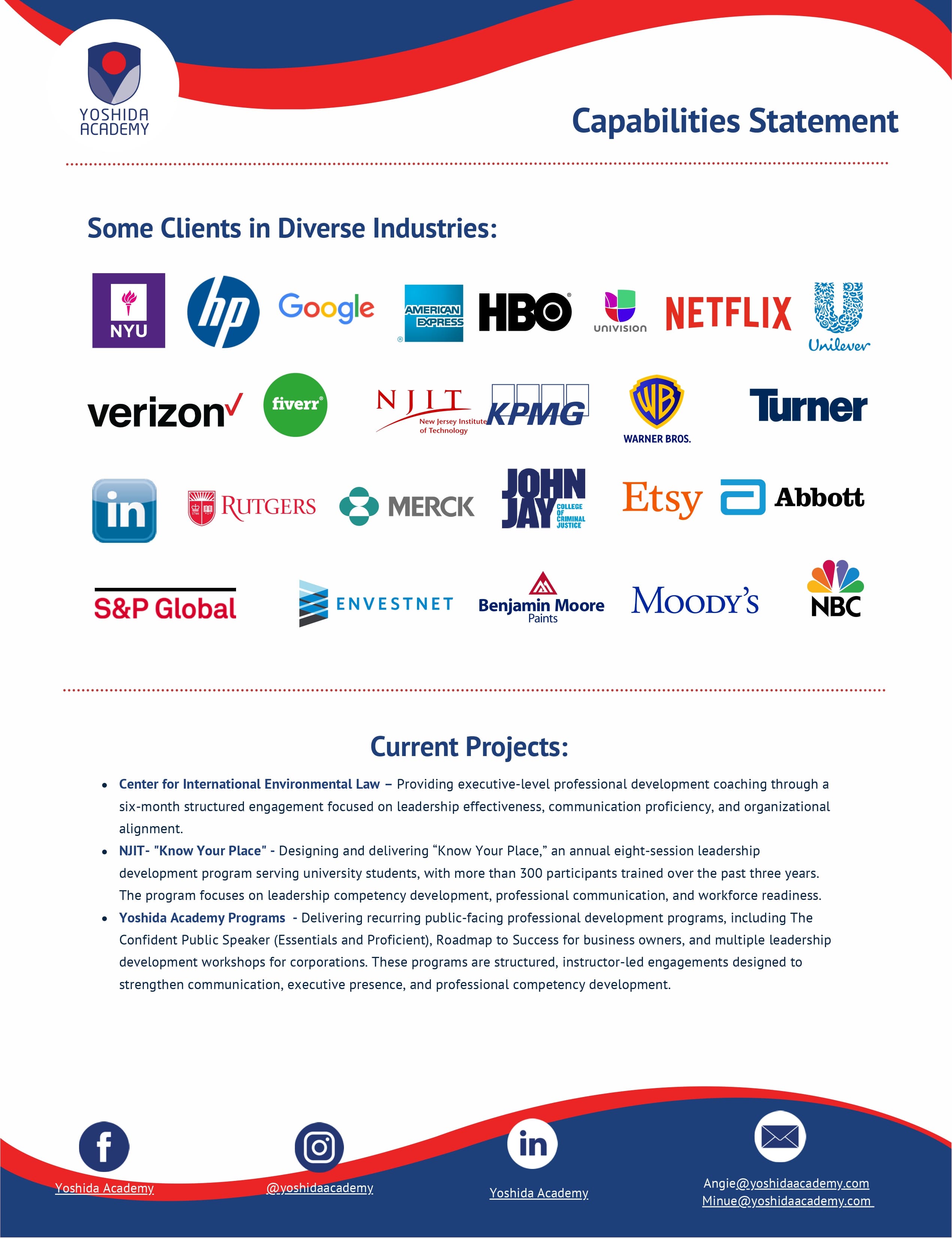Yoshida Academy Capabilities Statement — Page 2: Past performance, differentiators, key personnel, and contact information for federal procurement